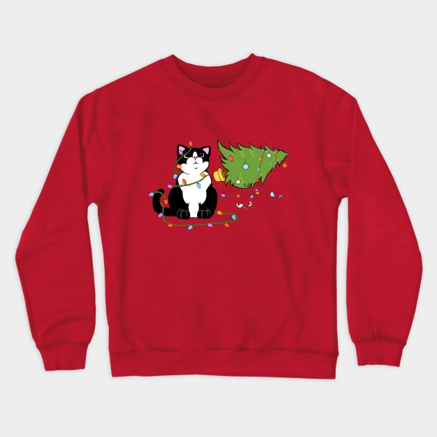 Christmas Tree Knocked Over By Tuxedo Cat Meowy Christmas Crewneck Sweatshirt by xenotransplant